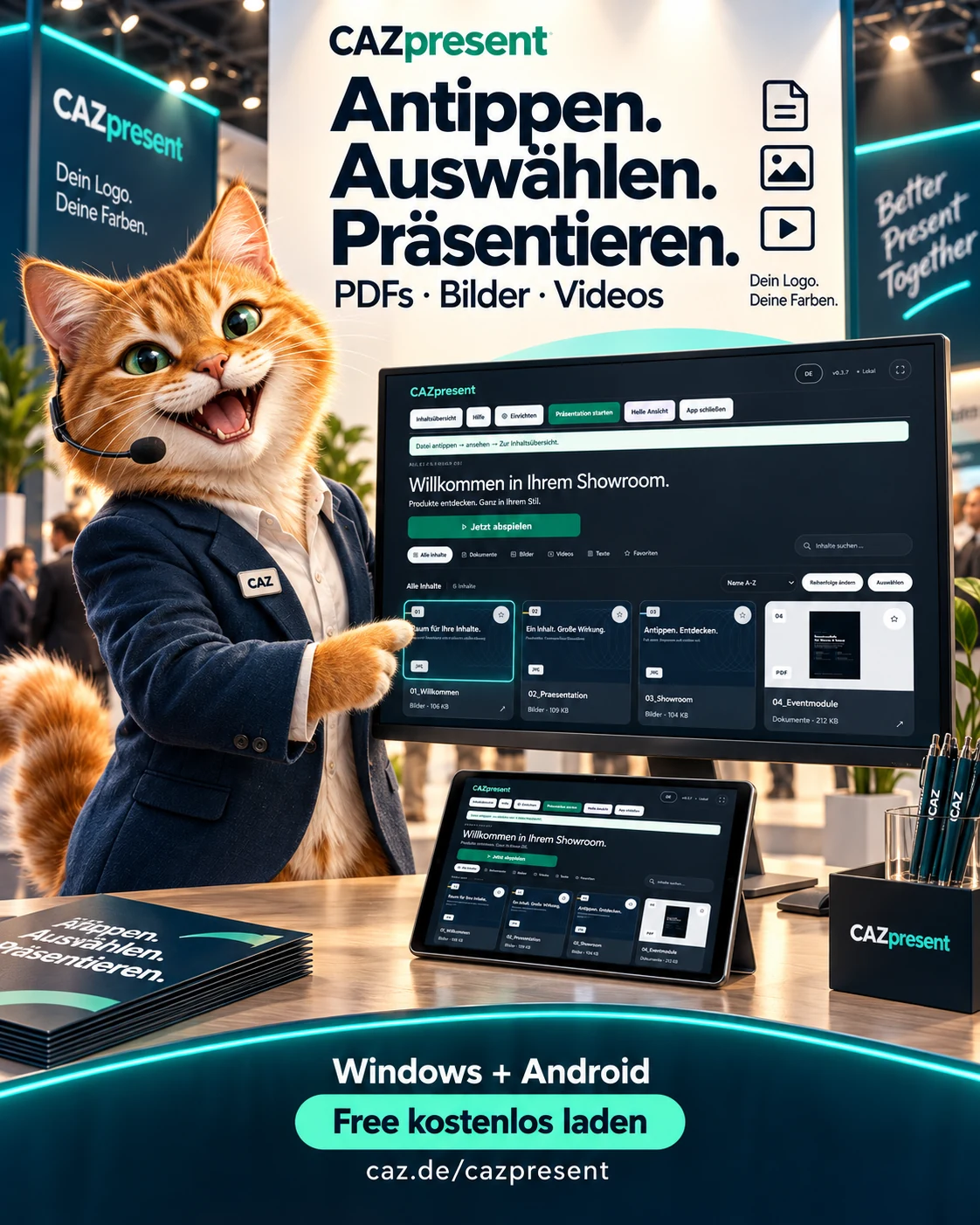CAZpresent mit unserer Präsentationskatze am Messestand