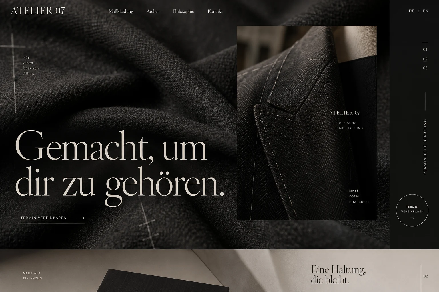 Designstudie ATELIER 07: Stoff als Landschaft, feine Linien und ein ruhiger Auftritt für echtes Maßhandwerk.