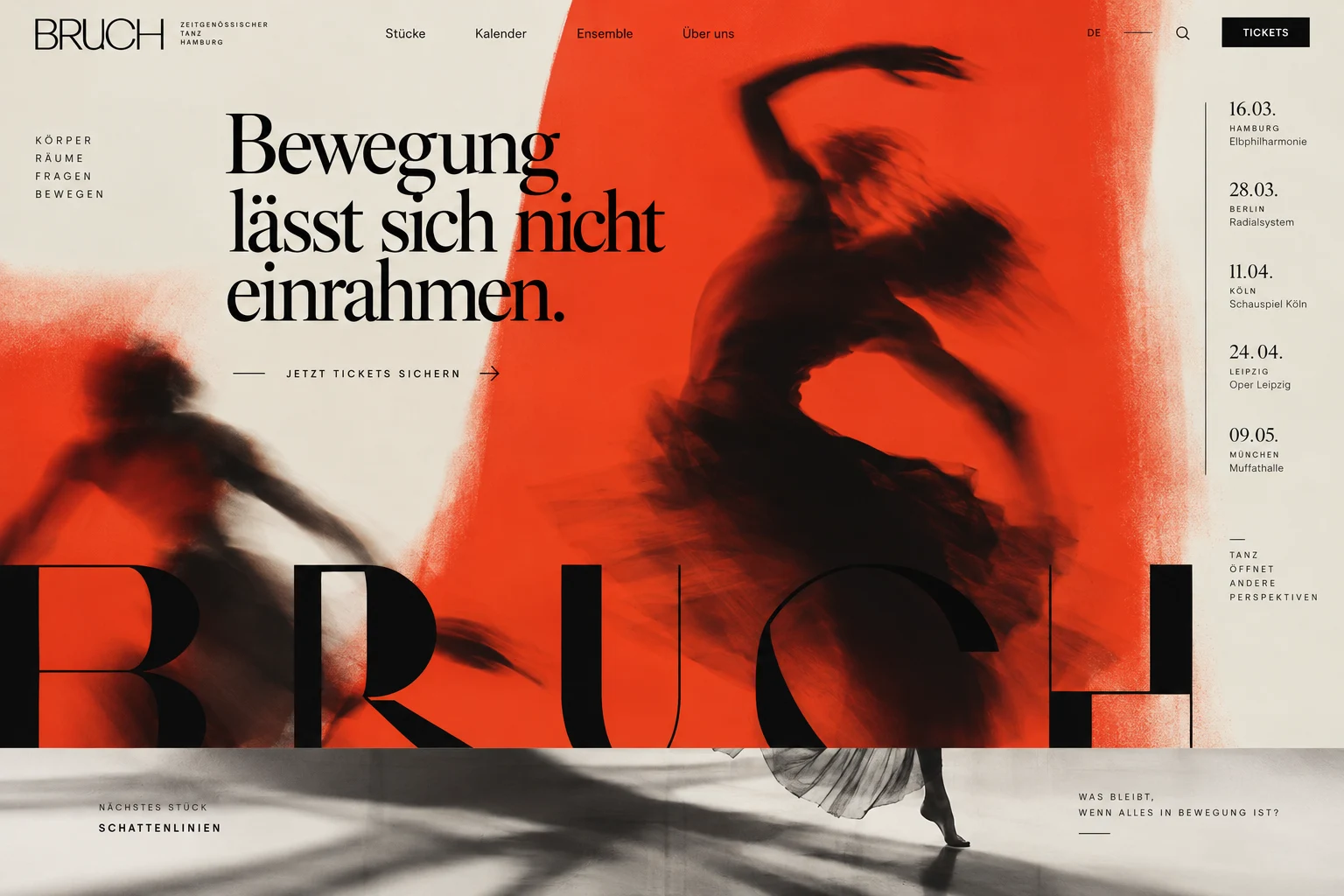 Designstudie BRUCH: Bewegte Fotografie und radikale rote Flächen durchbrechen ein bewusst strenges Raster.