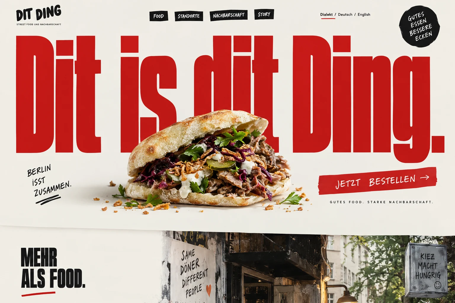 Designstudie DIT DING: Typografie wie ein Stadtplakat, direktes Berliner Wording und ein Gericht als Hauptdarsteller. Sinngemäß: Genau darum geht es.
