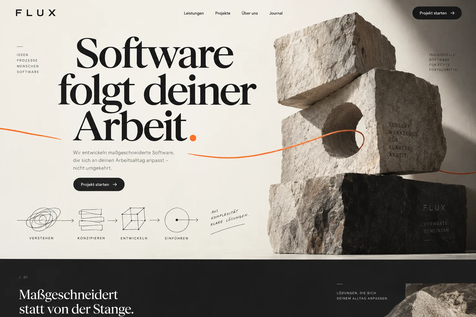 Designstudie FLUX: Ein digitaler Werkraum aus Diagramm, Typografie und gezielten Farbakzenten. Die Idee steht vor dekorativen Bedienoberflächen.