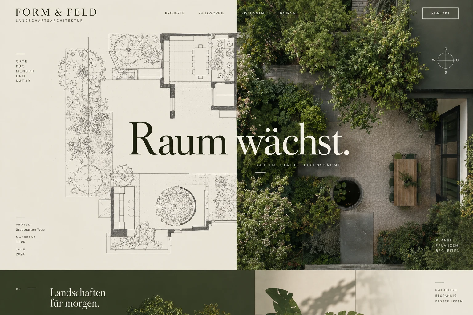 Designstudie FORM & FELD: Ein Gartenplan und ein reales Landschaftsbild begegnen sich. Das Layout zeigt den Weg vom Entwurf zum Ort.