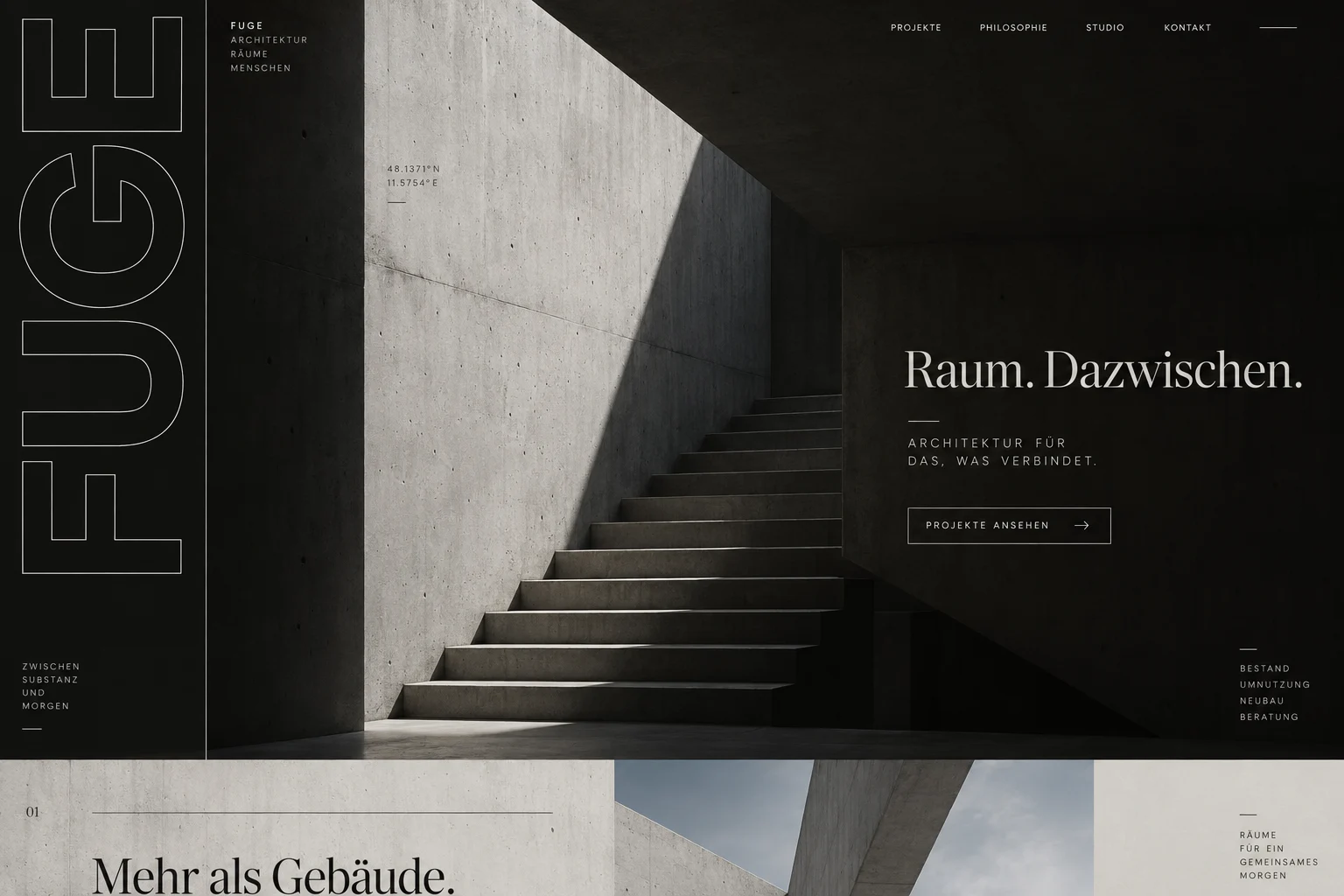 Designstudie FUGE: Ein radikales Architekturlayout aus Beton, Weißraum und angeschnittener Typografie. Das Projektbild bestimmt den Aufbau.