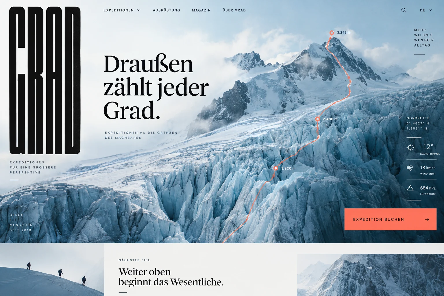 Designstudie GRAD: Eisige Landschaften, ein warmer Signalton und Orientierung wie auf einer Expeditionskarte.