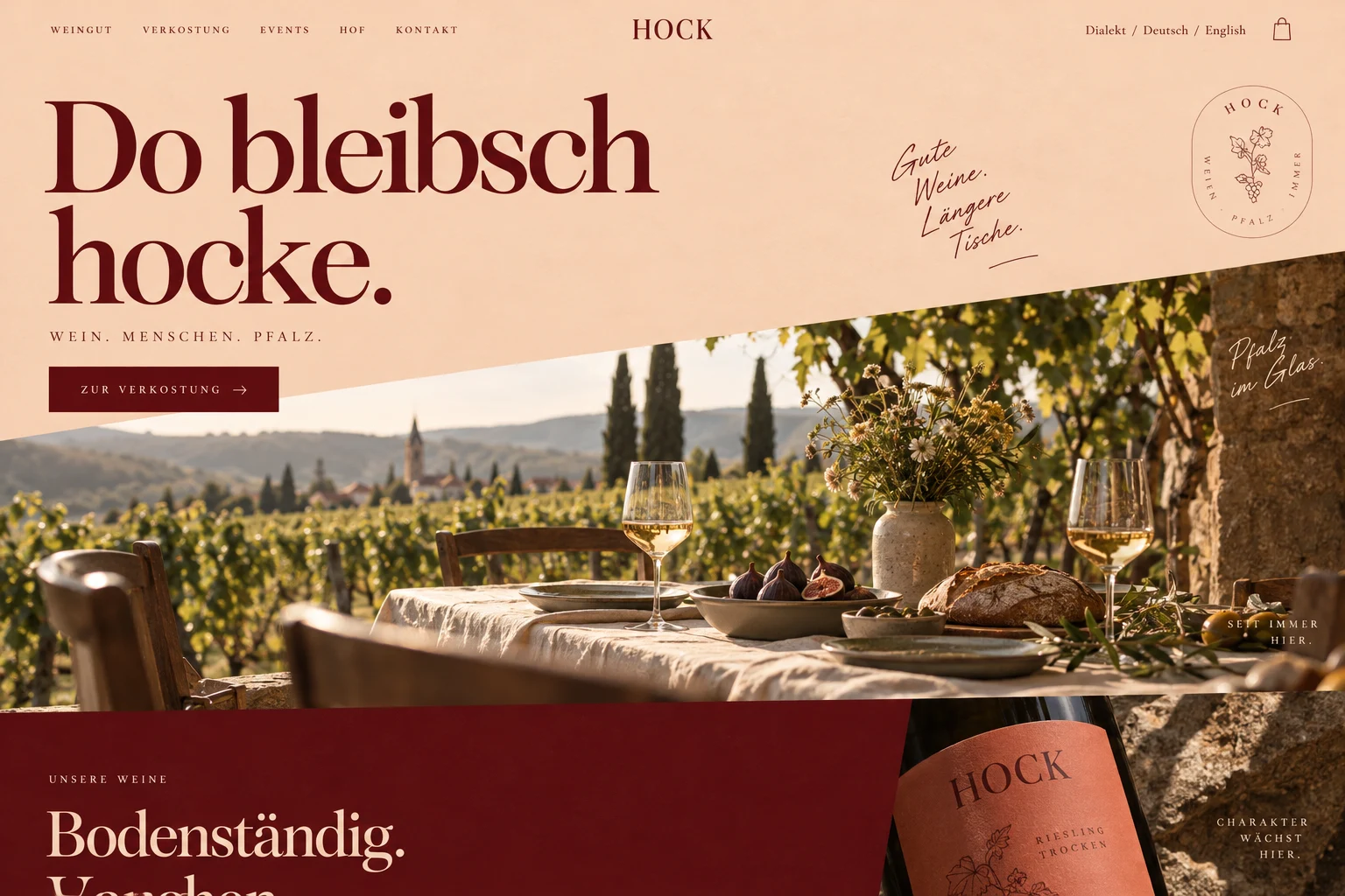 Designstudie HOCK: Pfälzer Geselligkeit als elegante Weinseite: Weinrot, Sonne und ein weit geöffnetes Layout. Gemeint ist: Hier bleibst du sitzen.