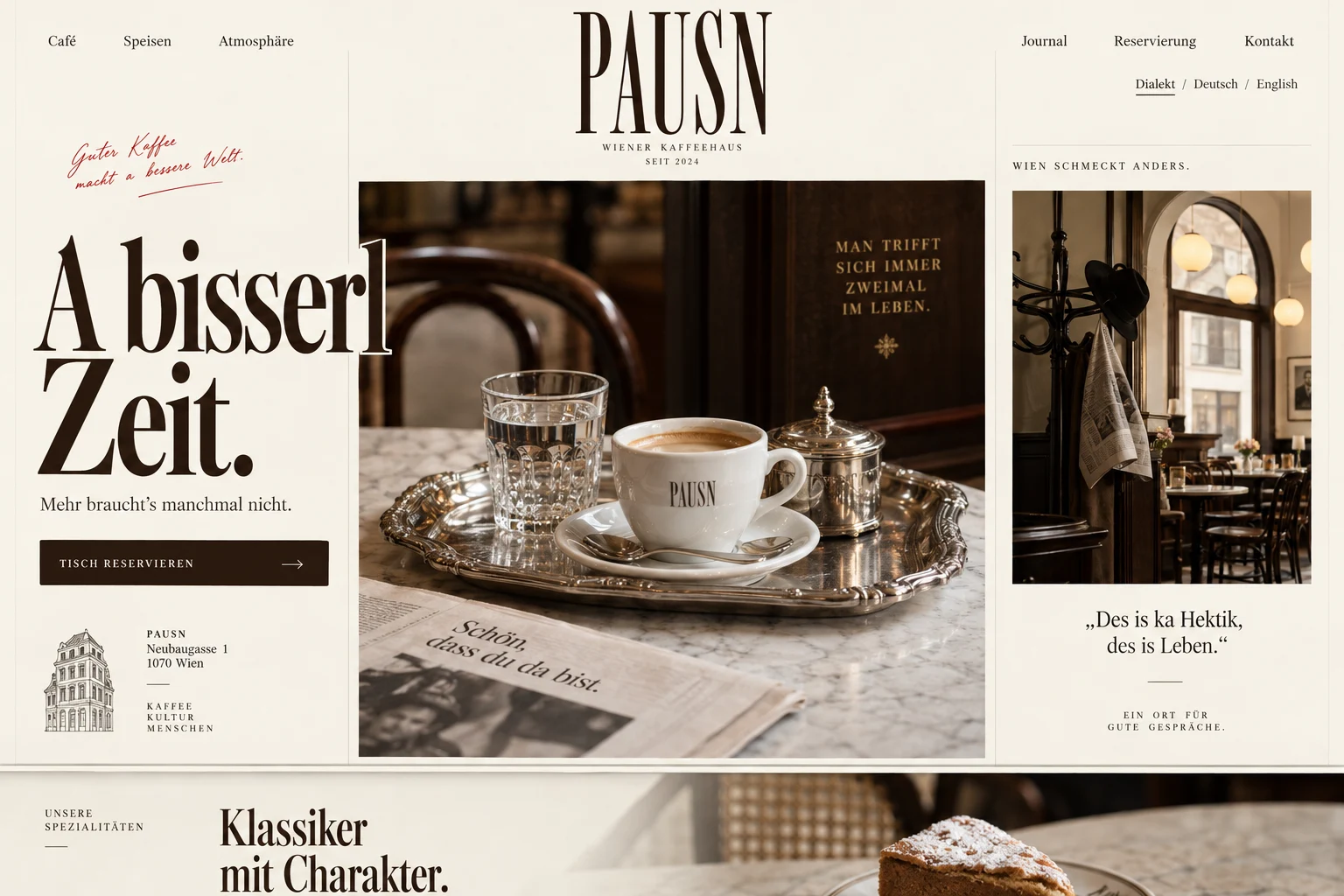 Designstudie PAUSN: Kaffeehauskultur als modernes Feuilleton: Messing, Papier und ein stilles Kaffee-Stillleben. Die Einladung lautet: ein bisschen Zeit mitbringen.