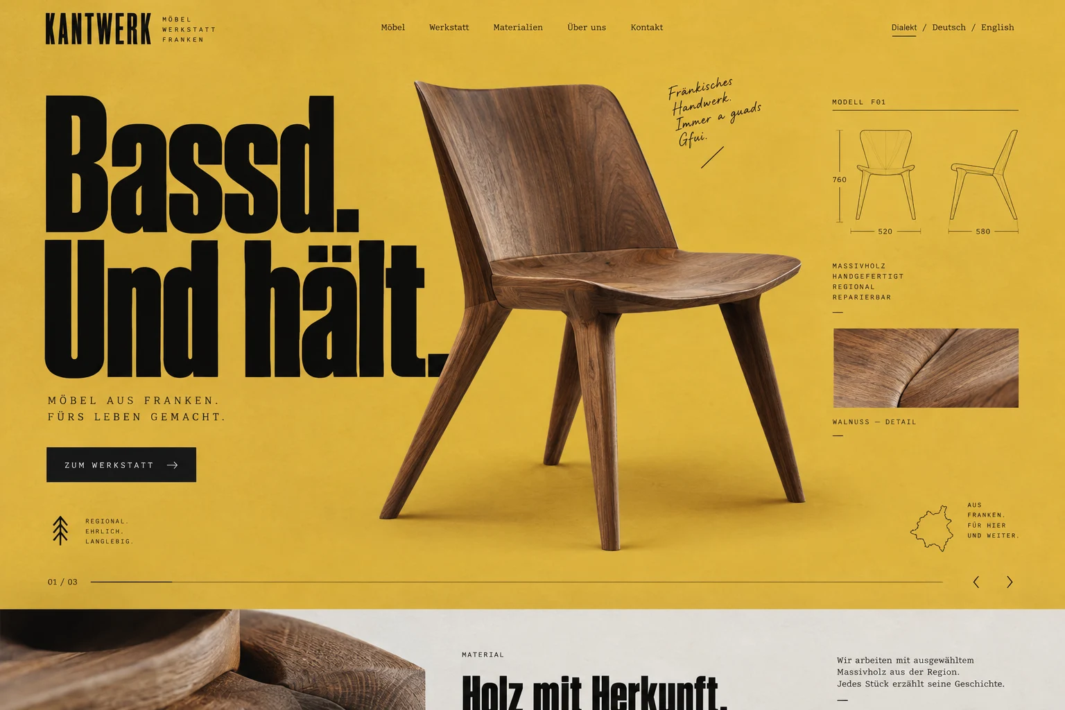 Designstudie KANTWERK: Ein Holzobjekt wie eine Skulptur, technische Linien und markante Schrift. „Passt. Und hält.“ macht fränkische Direktheit zum Gestaltungsprinzip.