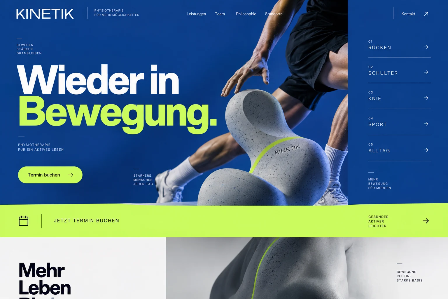Designstudie KINETIK: Sportliche Klarheit und nachvollziehbare Wege zum Termin. Anatomische Bewegung ersetzt austauschbare Praxisbilder.