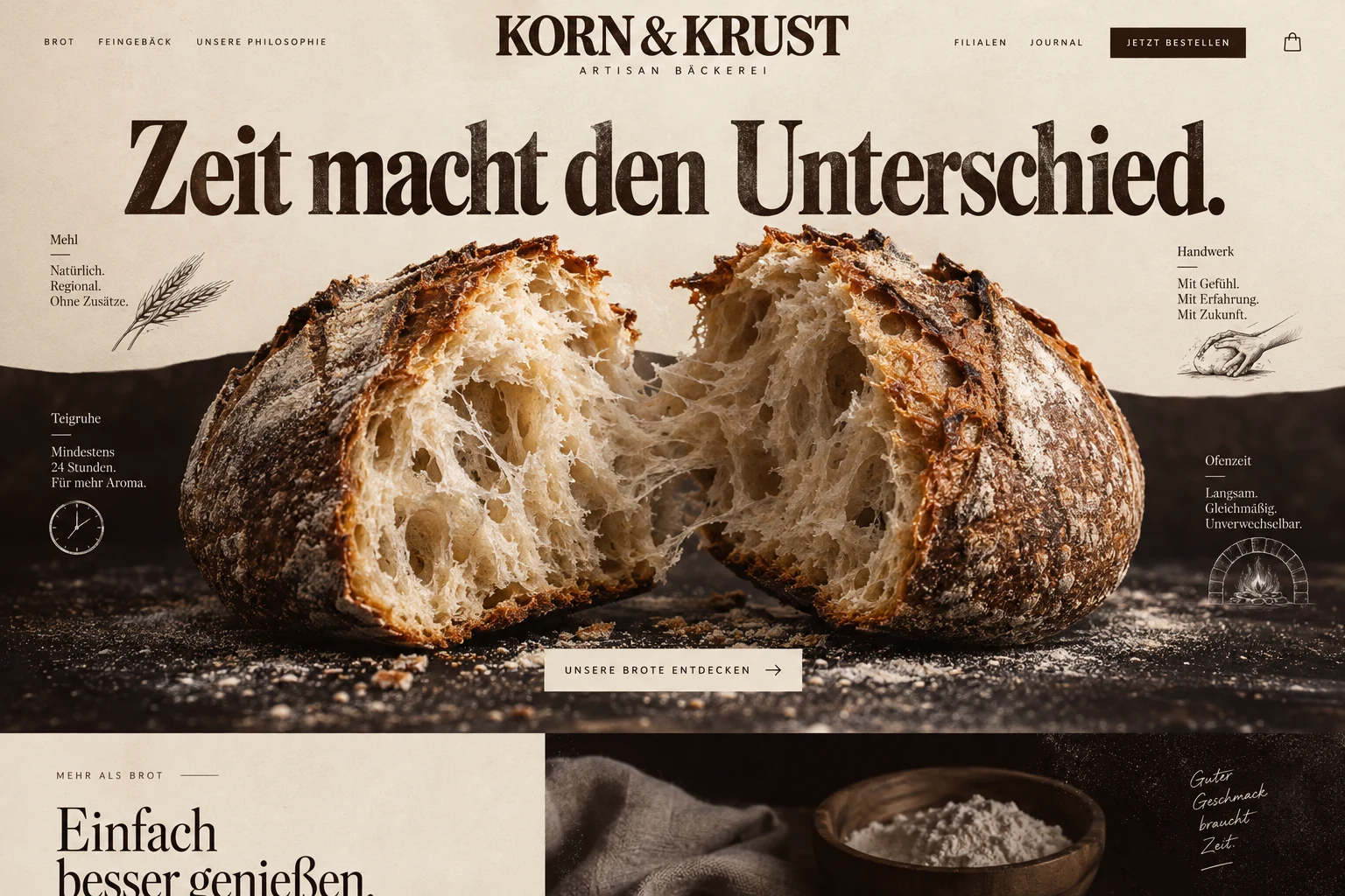 Designstudie KORN & KRUST: Makroaufnahme einer Brotkruste, kräftige Typografie und ein Layout wie eine moderne Backstubenzeitung.