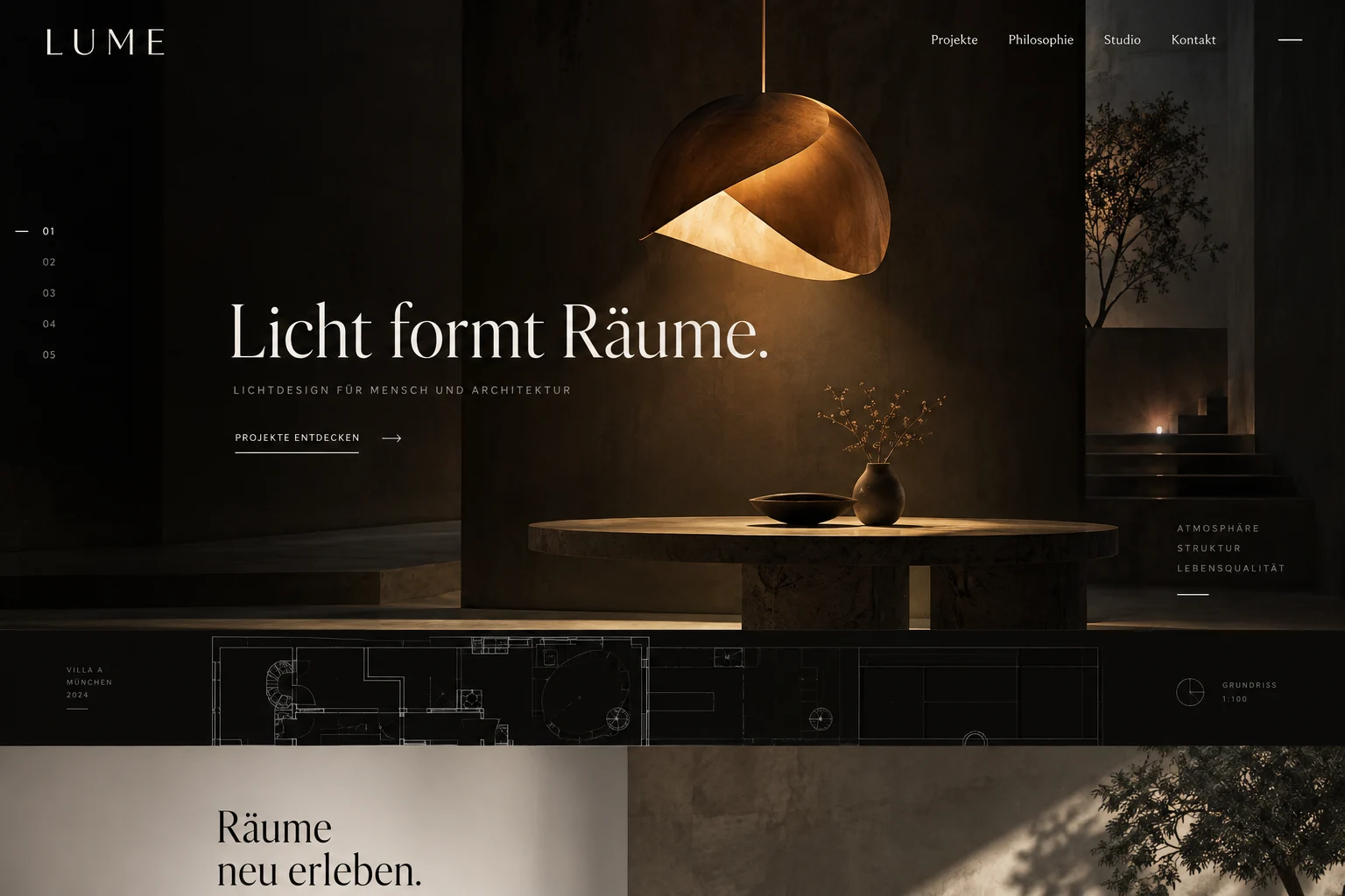 Designstudie LUME: Ein dunkler Raum als Bühne für eine außergewöhnliche Leuchte. Typografie folgt dem Lichtkegel.