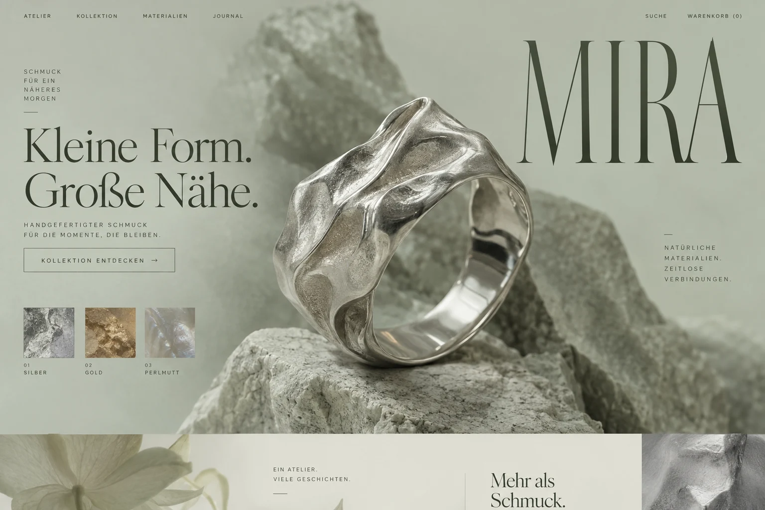 Designstudie MIRA: Eine extreme Schmuckaufnahme in hellem Salbeigrün. Feinste Materialdetails treffen auf ungewöhnlich großzügige Schrift.