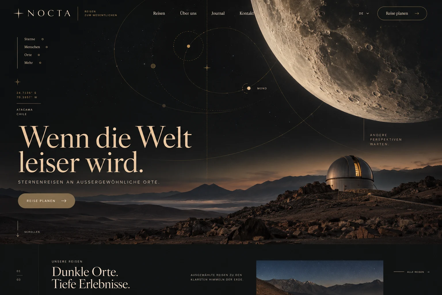 Designstudie NOCTA: Eine fast schwarze Sternenlandschaft, Messingdetails und viel Raum für die Vorstellung einer besonderen Nacht.
