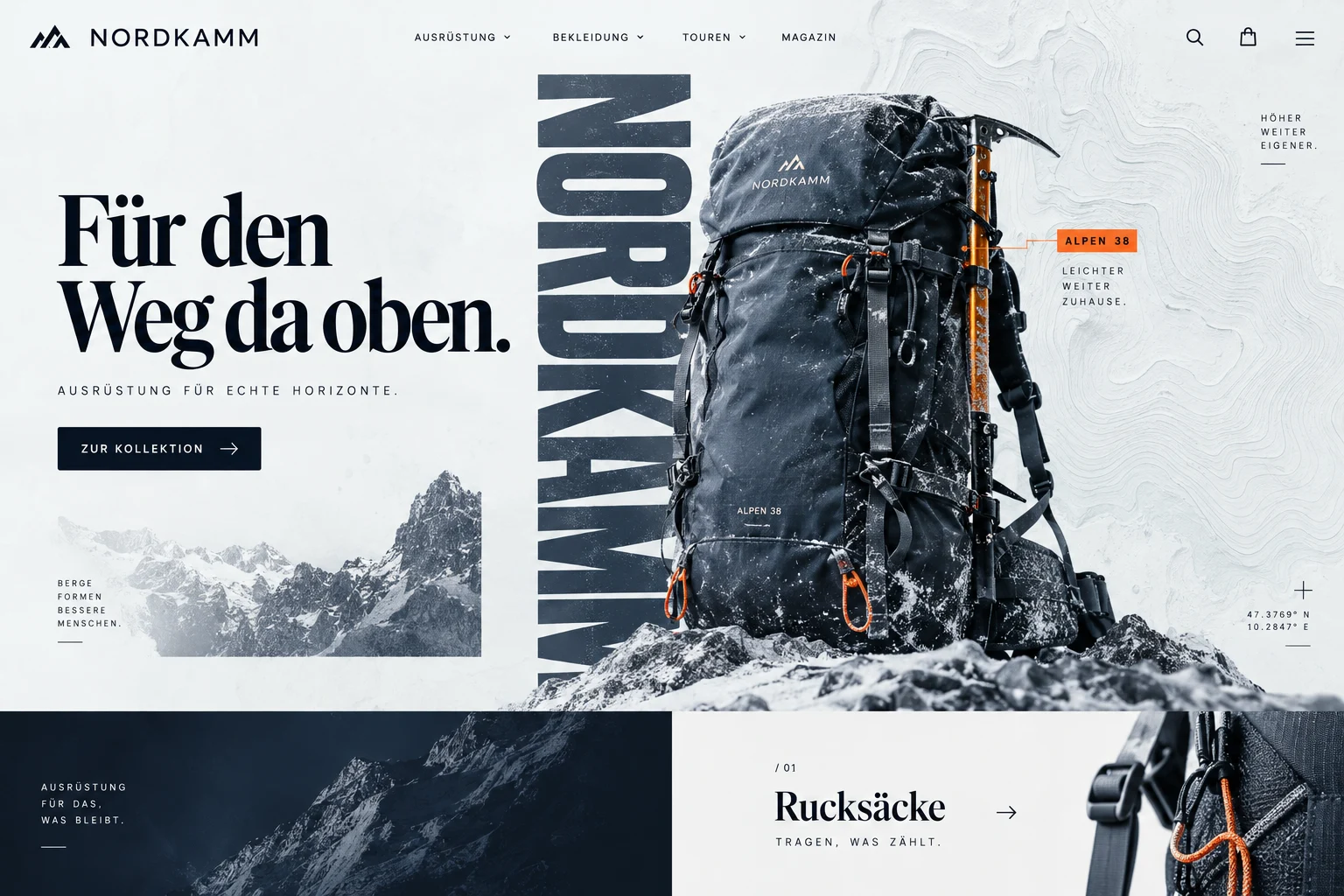 Designstudie NORDKAMM: Materialdetails, topografische Linien und ein präziser Produktauftritt für anspruchsvolle Wege.