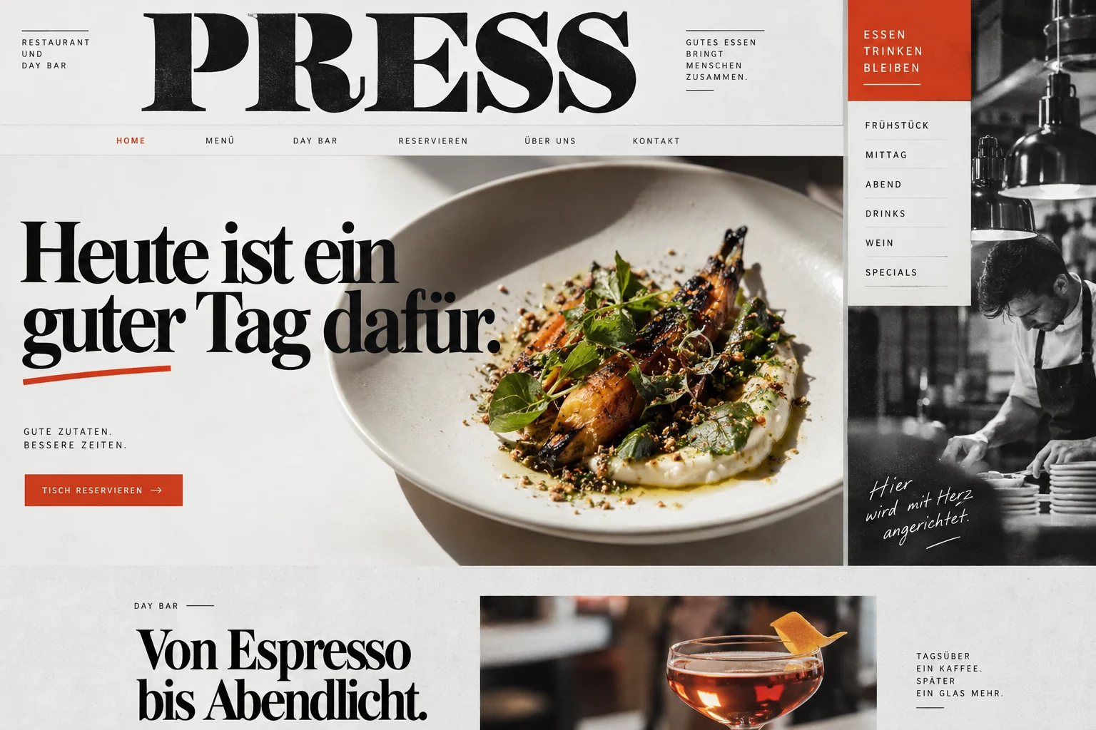 Designstudie PRESS: Die Tageskarte wird zur Titelseite. Ein fotografisches Gericht und Zeitungsästhetik geben dem Restaurant Charakter.