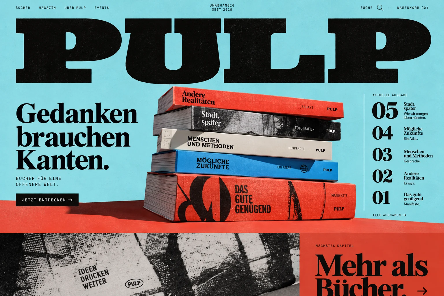 Designstudie PULP: Bücher als Grafik, starke Kontraste und eine Haltung, die schon auf der ersten Seite sichtbar wird.