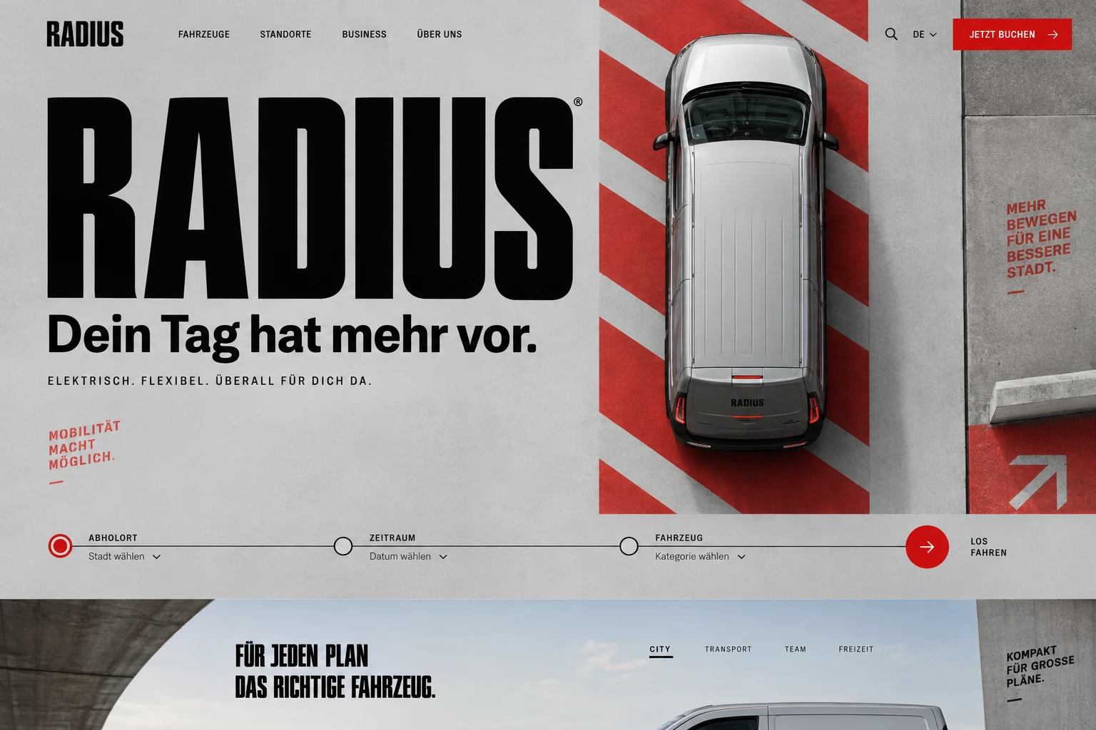 Designstudie RADIUS: Dokumentarische Fahrzeugbilder, klare Wege und ein fahrplanartiges Layout für unkomplizierte Mobilität.