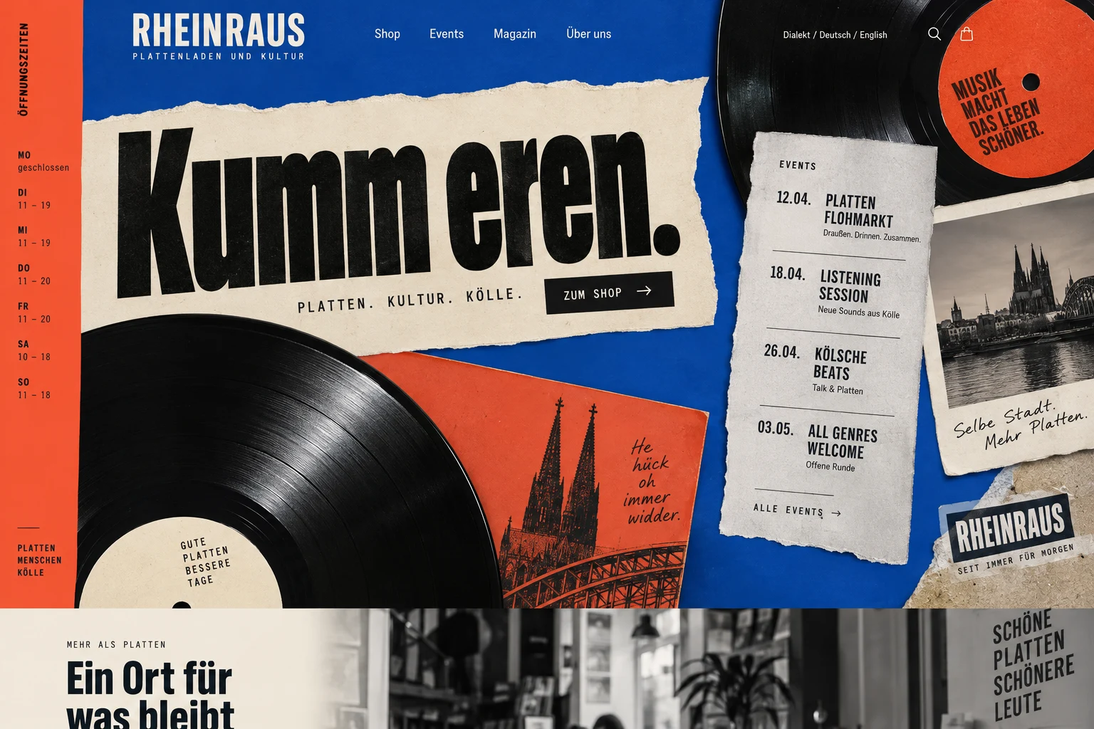 Designstudie RHEINRAUS: Kölsche Einladung mit Platten, Papierkanten und kräftigem Blau. „Komm herein“ wird zum Einstieg in Musik und Kultur.