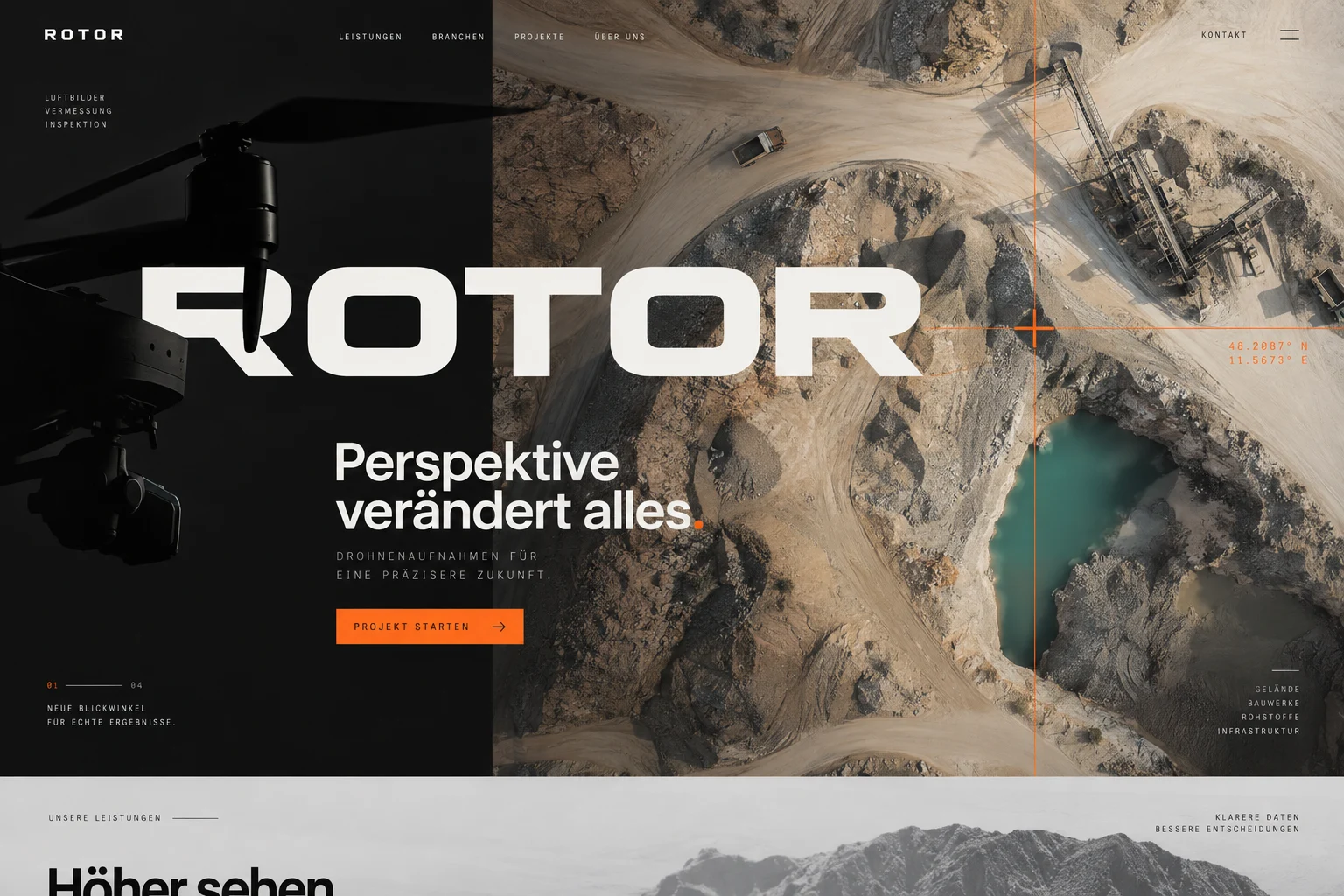 Designstudie ROTOR: Eine extreme Luftaufnahme wird mit Vermessungsdaten und Signalorange zum technischen Markenauftritt.