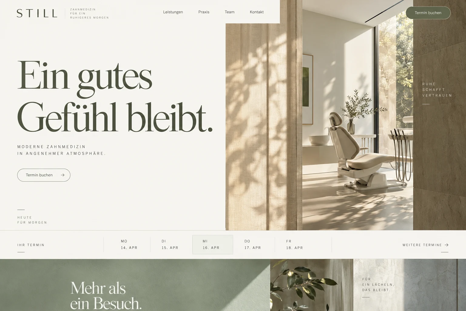 Designstudie STILL: Ruhe statt medizinischer Kälte: warmes Licht, fein gesetzte Schrift und eine klare Terminführung.