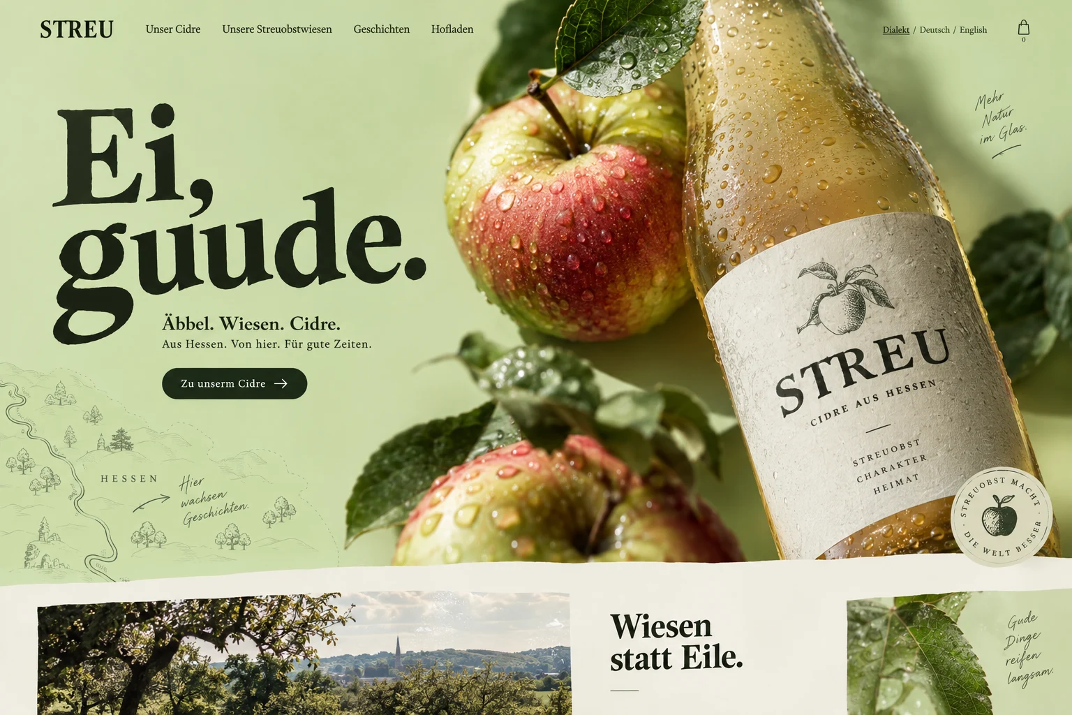 Designstudie STREU: Hessischer Empfang mit großem Apfel-Stillleben, Naturpapier und reduziertem Grün. Freundlich, eigenständig und ohne Trachtenklischees.