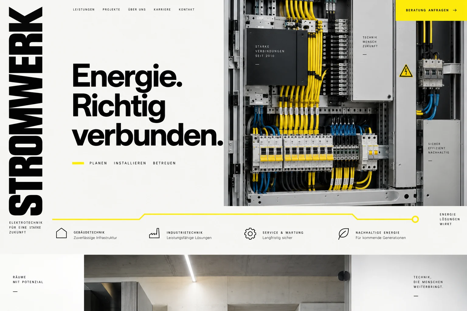 Designstudie STROMWERK: Elektrische Systeme werden mit starker Schrift, klaren Linien und einer eigenständigen Signalfarbe sichtbar.