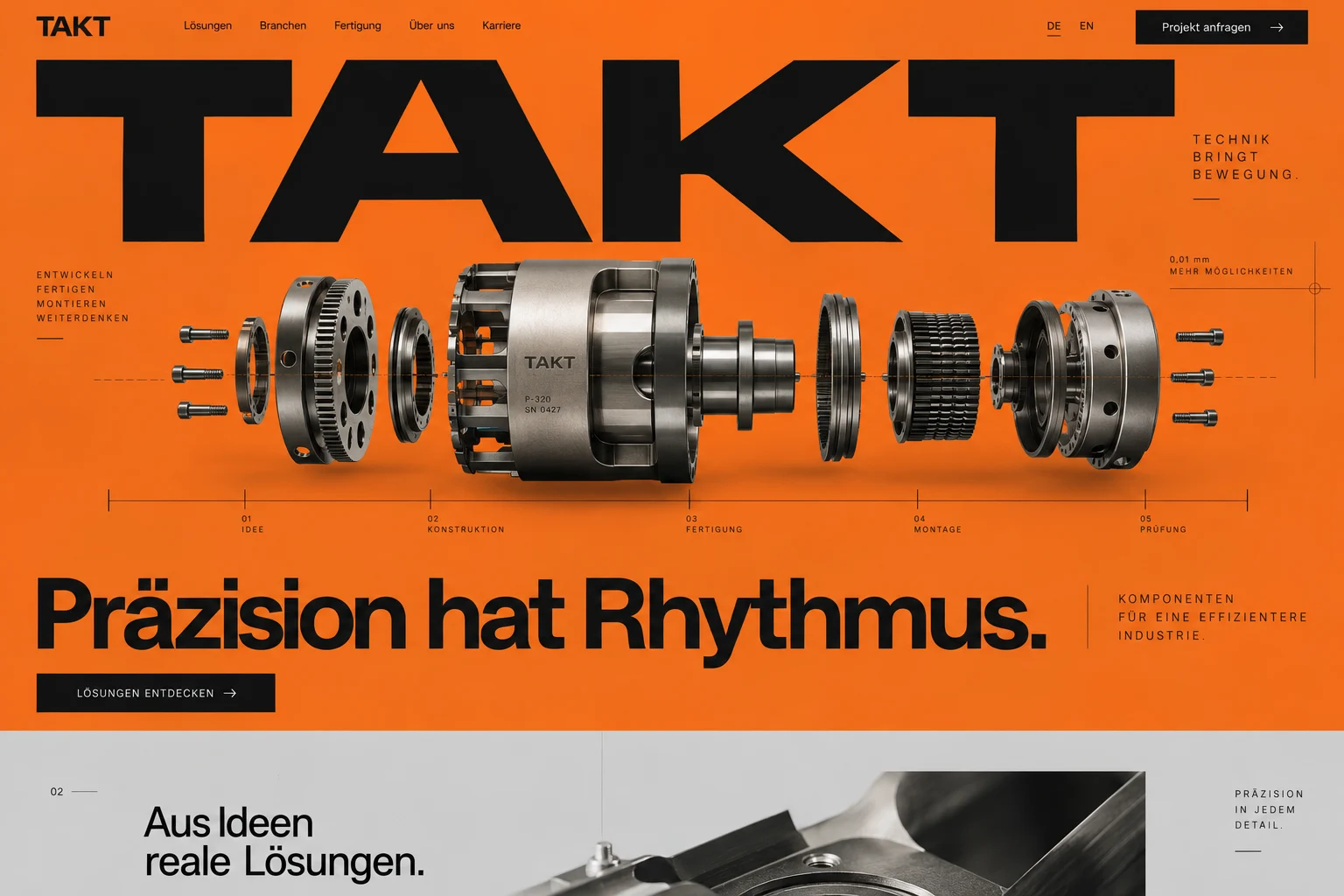 Designstudie TAKT: Maschinendetails als starke Fotografie, ein technisches Raster und klare orange Akzente machen komplexe Technik greifbar.