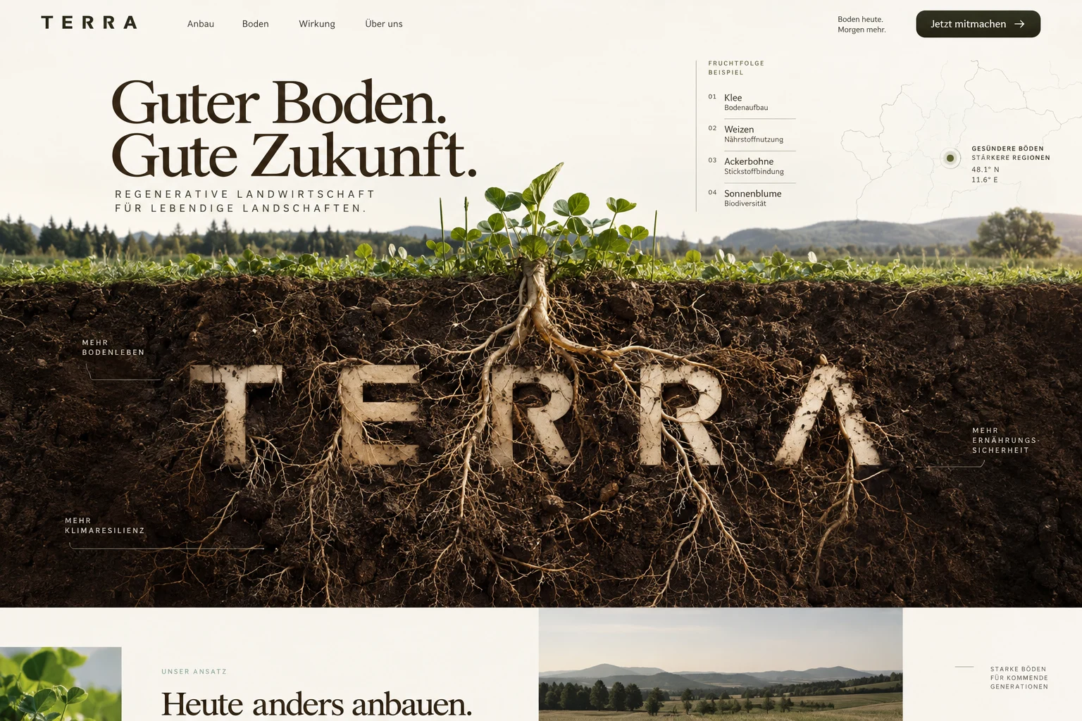 Designstudie TERRA: Echte Erde, Pflanzenwurzeln und präzise Information. Natur erscheint als Material und nicht als Dekoration.