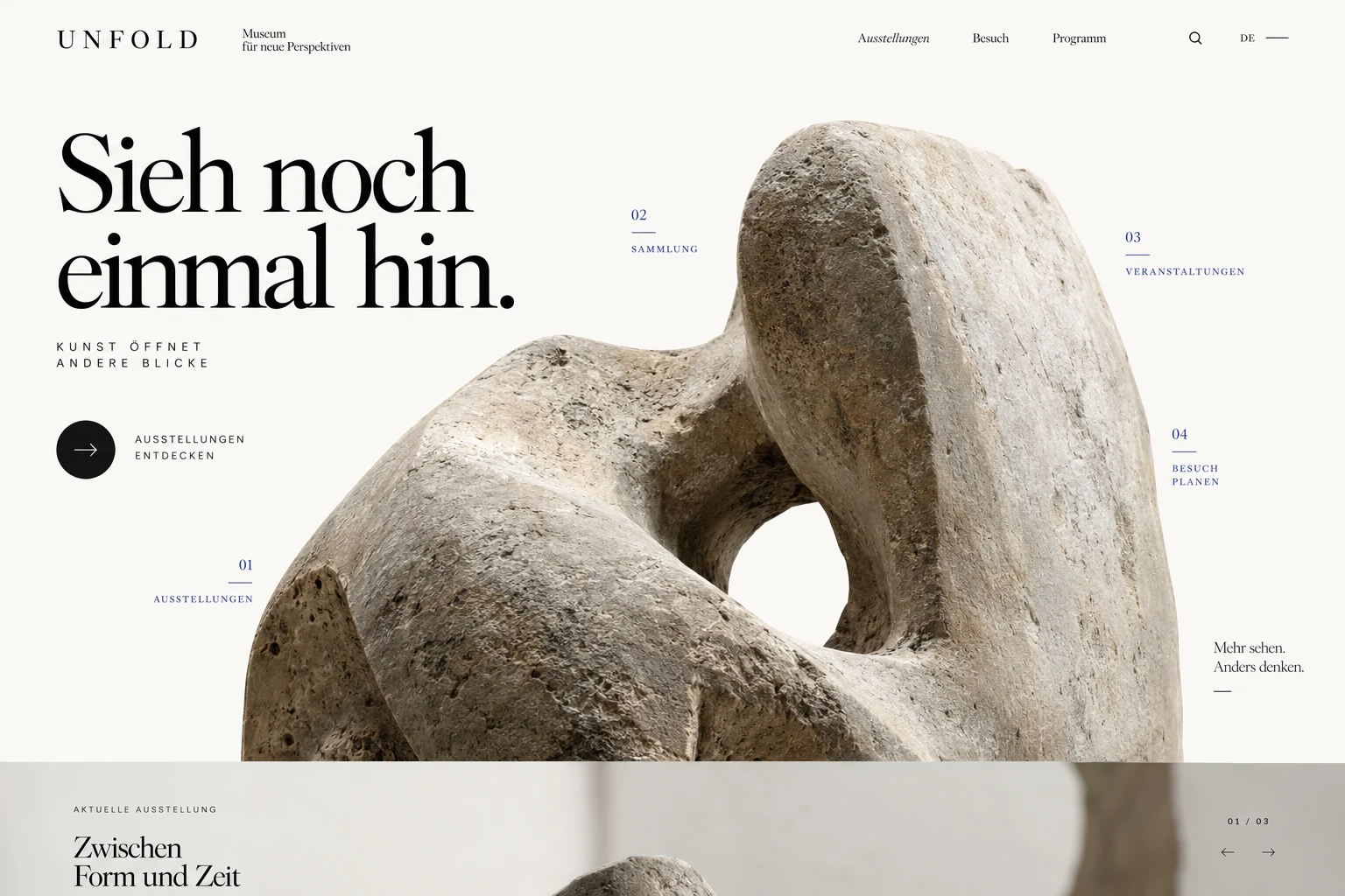 Designstudie UNFOLD: Ein einzelnes Exponat trifft auf radikale Leere und ein ungewöhnliches Navigationssystem.
