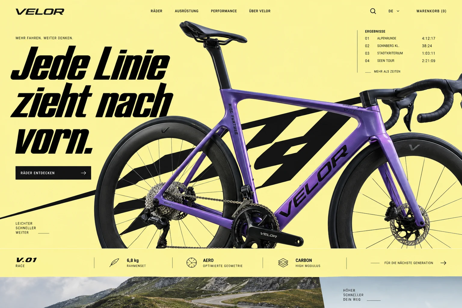 Designstudie VELOR: Dynamische Bildschnitte, sportliche Schrift und ein bewusst reduziertes Produktkonzept.