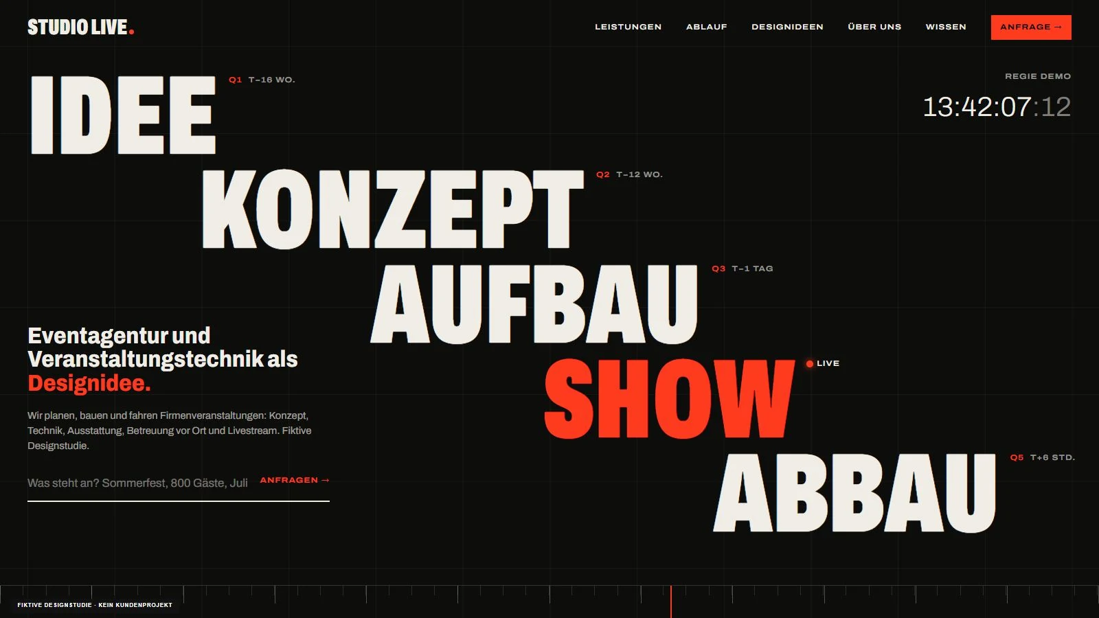Fiktive Designidee Ablaufregie: schwarze Website mit roter Treppentypografie für Veranstaltungstechnik
