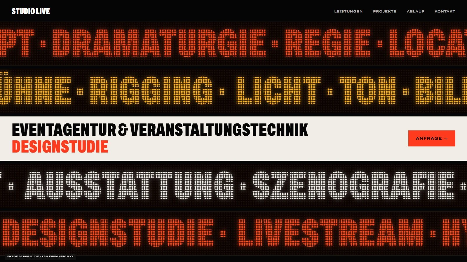 Fiktive Designidee LED-Bande: dunkle Website mit roten und weißen Schriftbändern