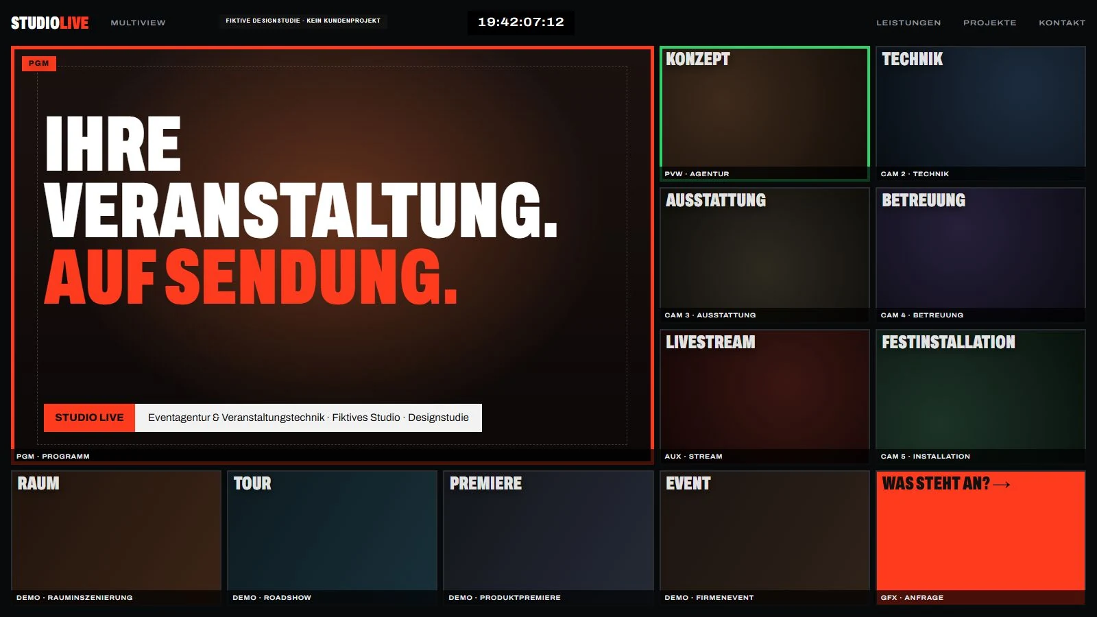 Fiktive Designidee Multiview: Website als Bildregie mit mehreren Monitorfeldern
