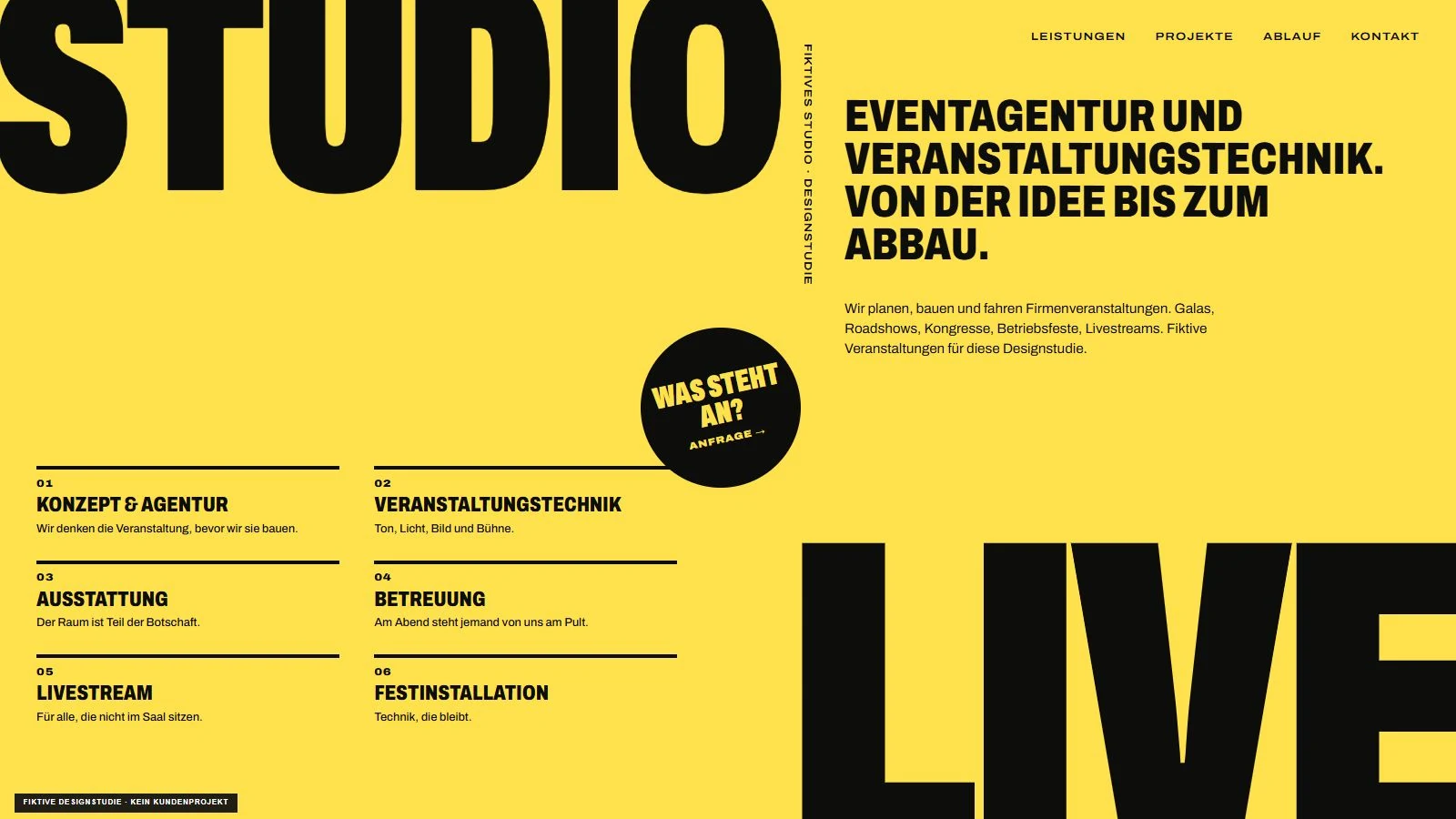 Fiktive Designidee Plakat: gelbe Event-Website mit großer schwarzer Schrift