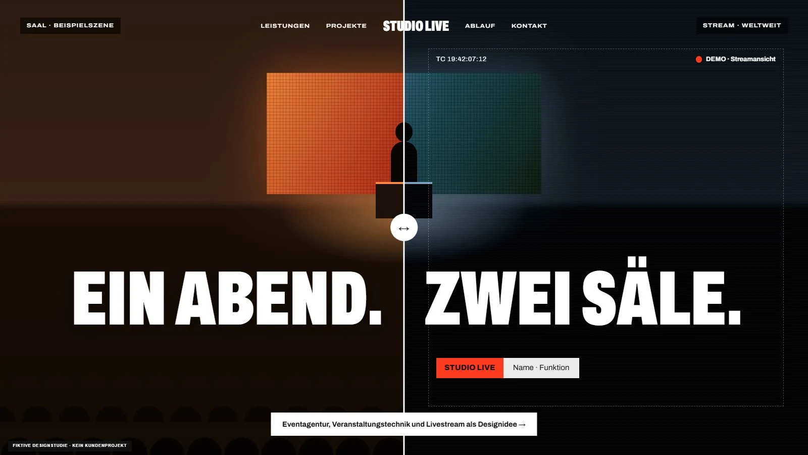 Fiktive Designidee Saal und Stream: geteilte Ansicht mit Bühne und digitaler Übertragung