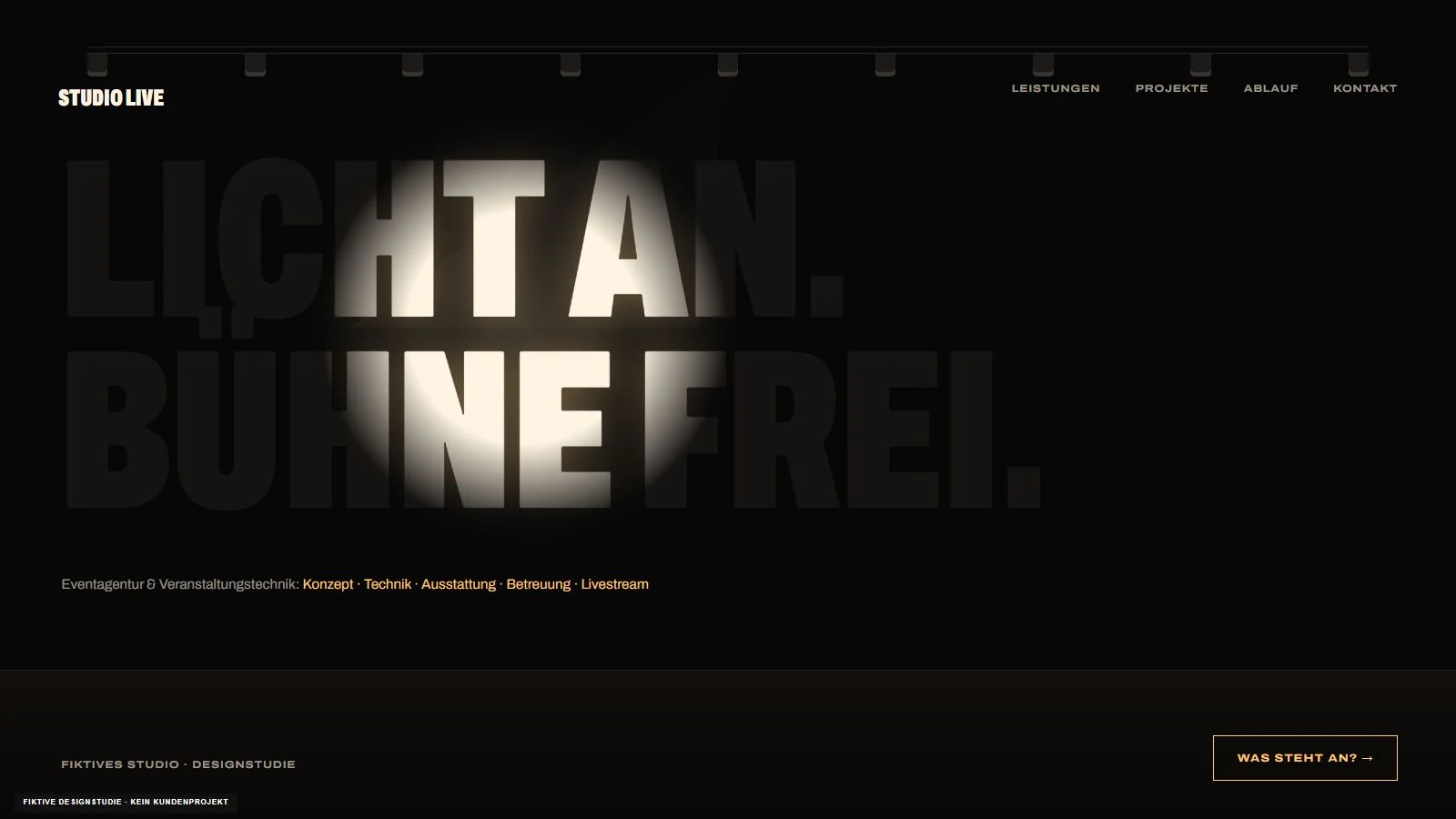 Fiktive Designidee Verfolger: typografische Bühne mit einem großen Lichtkegel