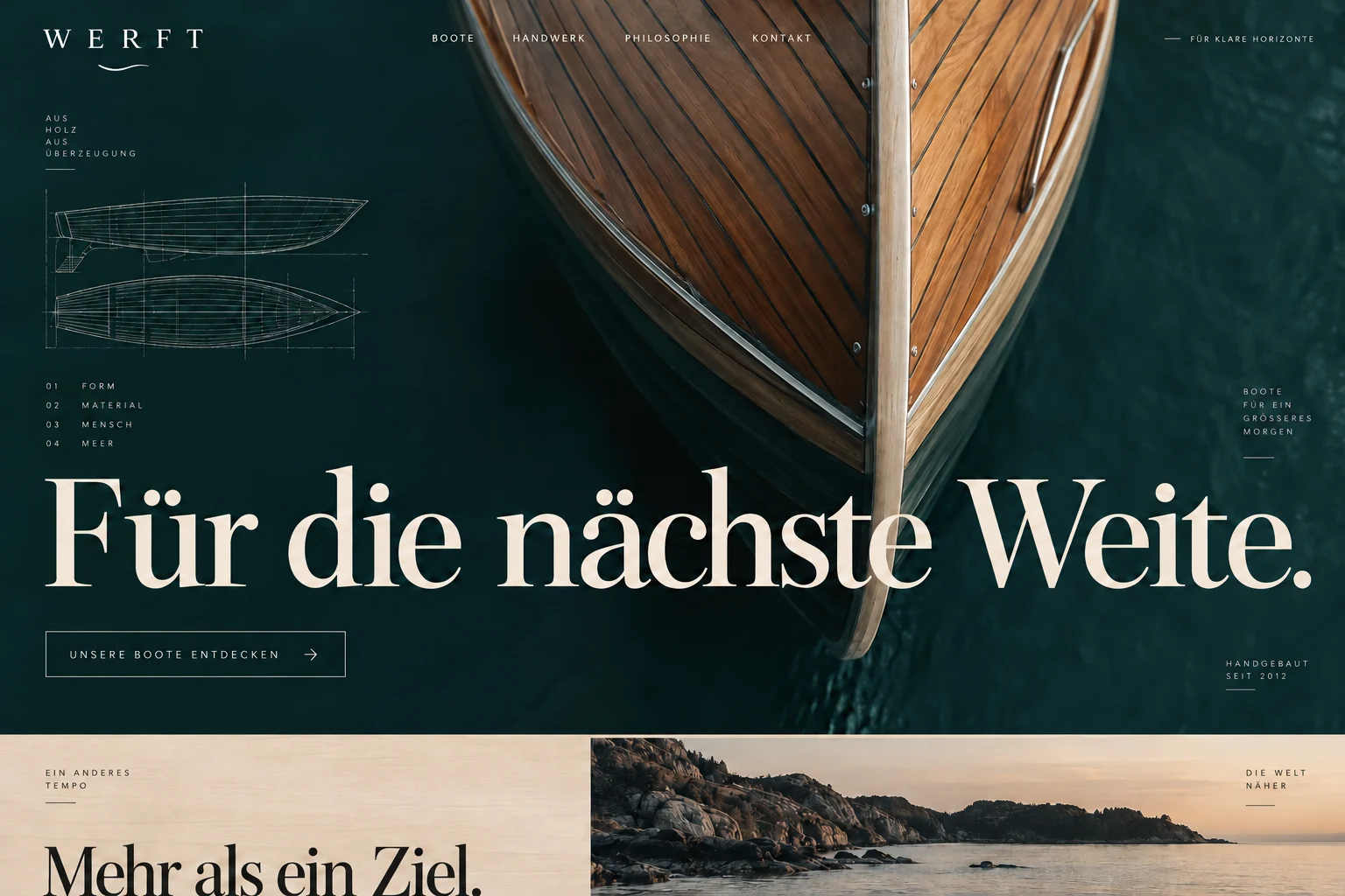 Designstudie WERFT: Holz, Wasser und präzise Handwerksdetails erzählen von Booten, die lange begleiten sollen.