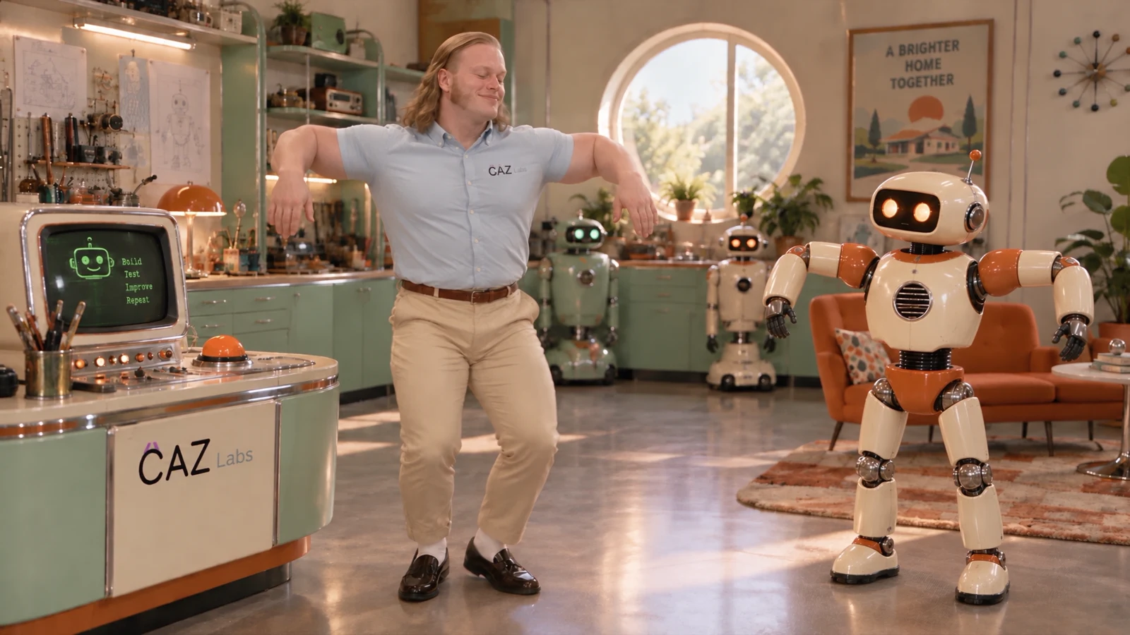 Ralf lächelt und tanzt mit angehobenen, angewinkelten Armen neben einem cremefarbenen Roboter mit orangefarbenen Akzenten in einer grünen Retro-Werkstatt.