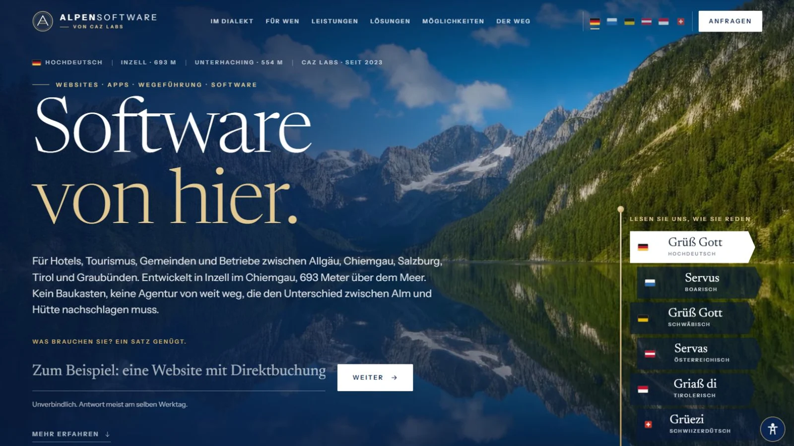 Alpensoftware-Startseite mit Bergsee, der Überschrift Software von hier und einem Wegweiser für regionale Sprachfassungen