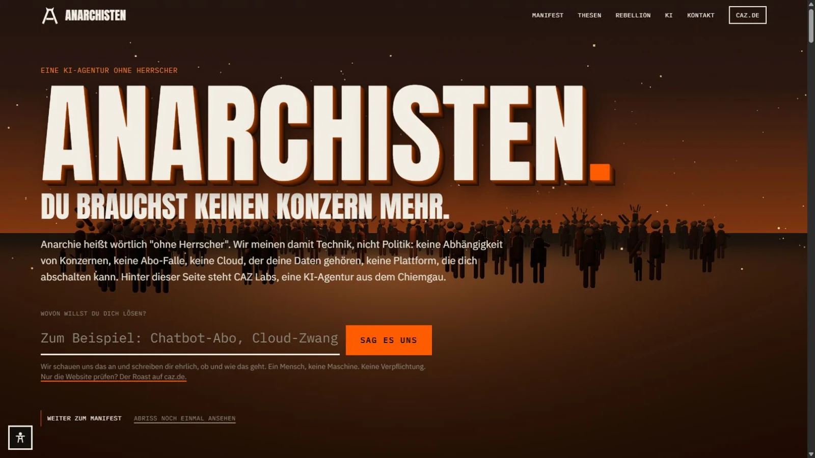 Anarchisten: große 3D-Typografie vor Menschen im warmen Morgenlicht