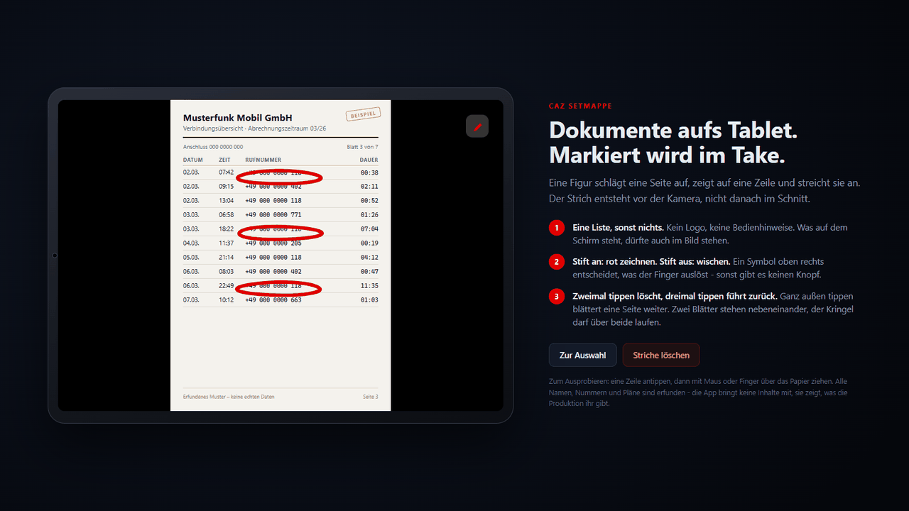 Screenshot of the CAZ Setmappe - documents on the tablet project website