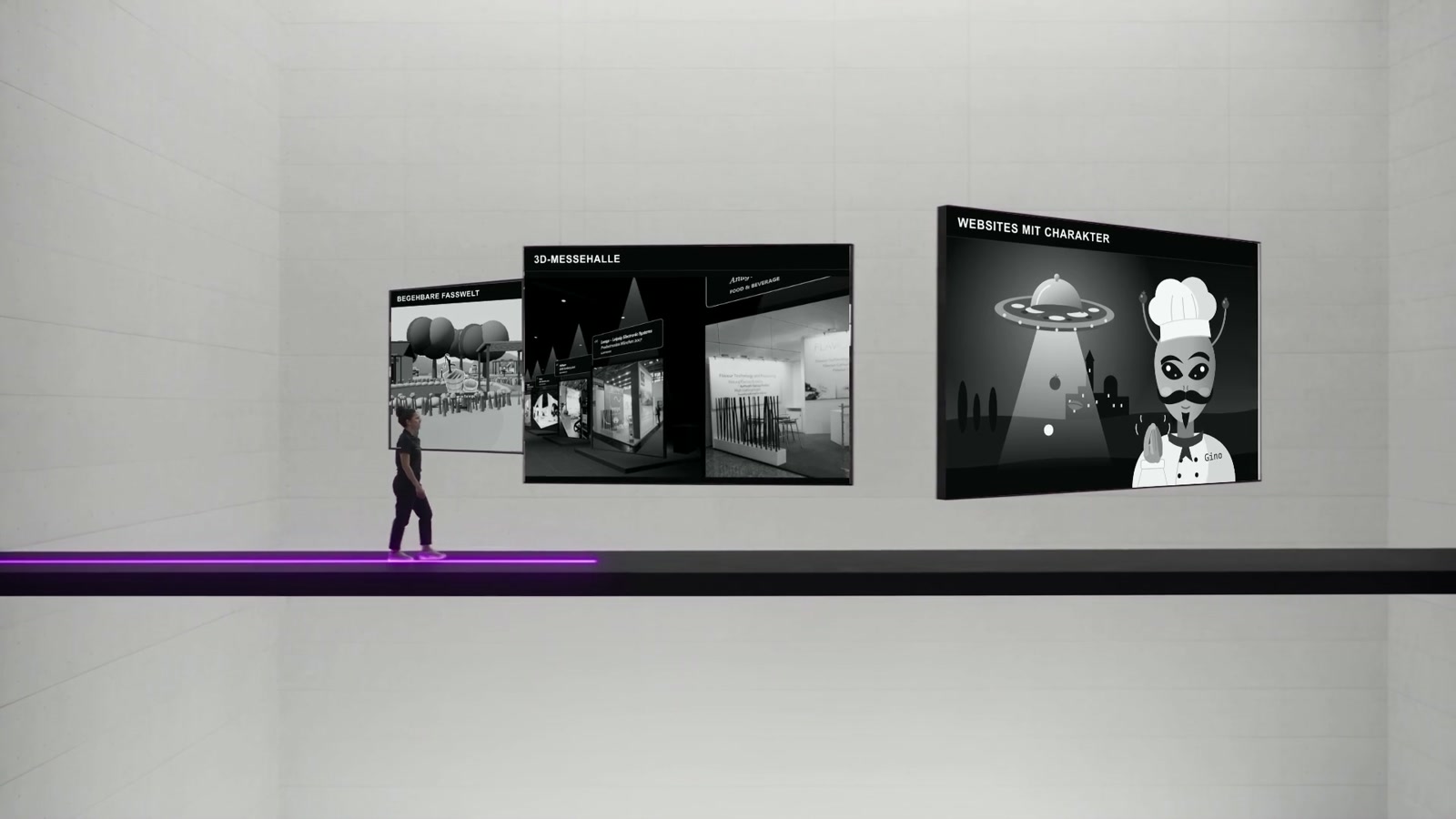 Eine Frau in einer schwarzweißen Galerie mit Fasswelt, 3D-Messehalle und Alien-Motiv über einem violetten Weg.
