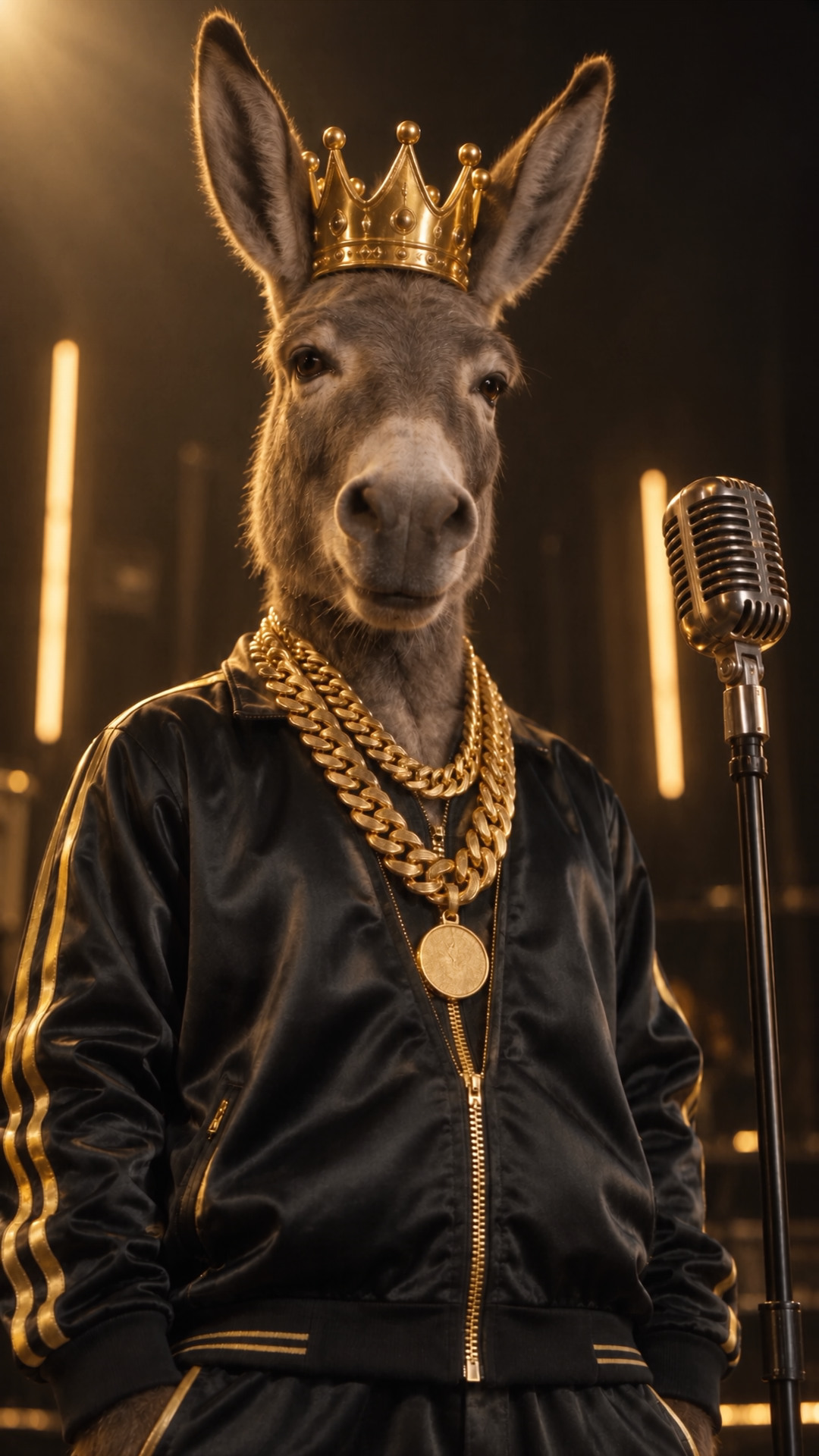 MC I-A, ein Esel in schwarzem Satin mit goldener Krone und Ketten, im bernsteinfarben beleuchteten Studio.